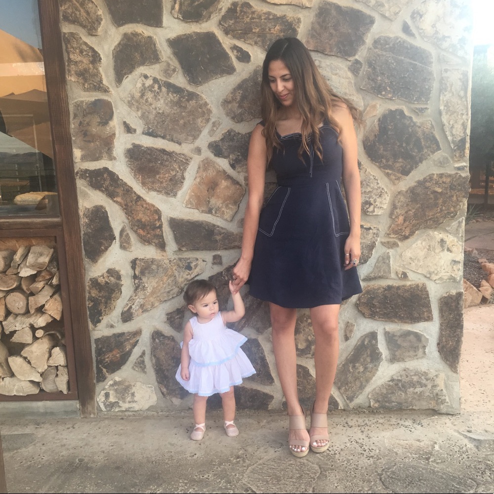 Navy blue sailor dress, with pockets.